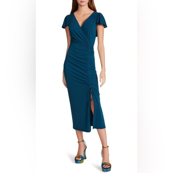 Betsey Johnson Mini Rib Flutter Sleeve Midi with Ruched Slit sz XS Blue Saphire - Picture 1 of 8